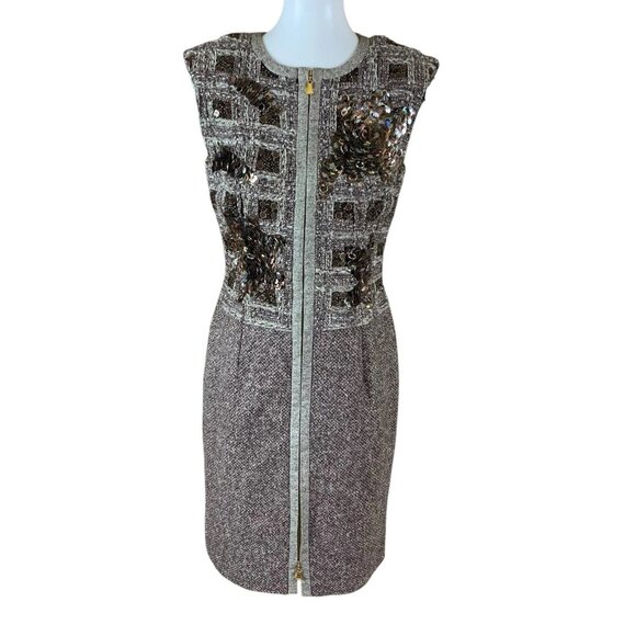 Escada Sequin Tweed Zip Front Dress 40 Sleeveless Alpaca Wool Designer Chic - Picture 1 of 11